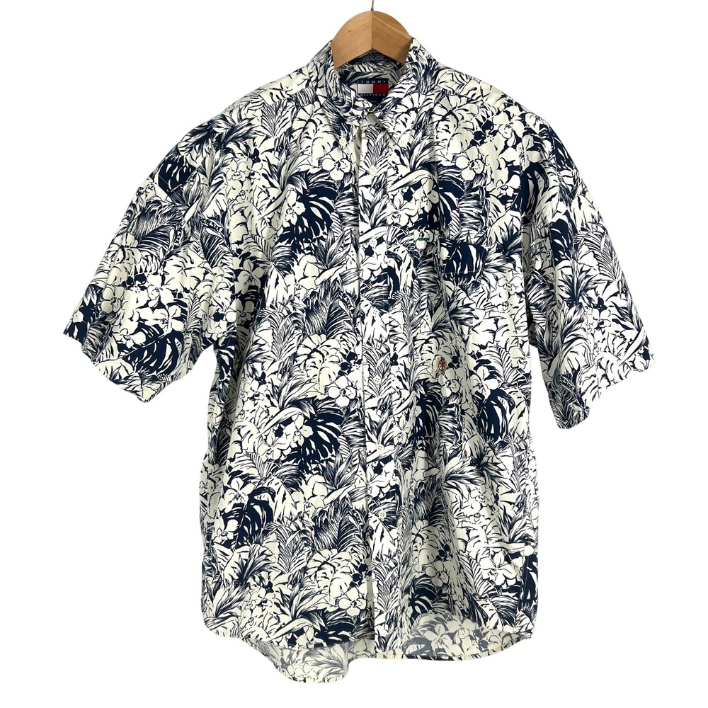 Vtg Tommy Hilfiger Mens Medium Floral Hawaiian Cotton SS Button Down Shirt